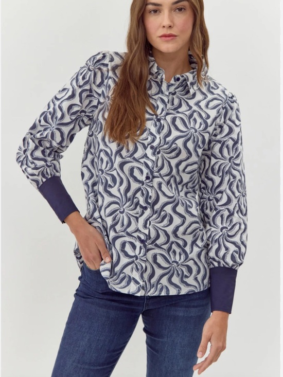 JODIFL Tops - JODIFL Boutique Button-Front Navy & White Shirt Top Large NWT 100% Cotton
